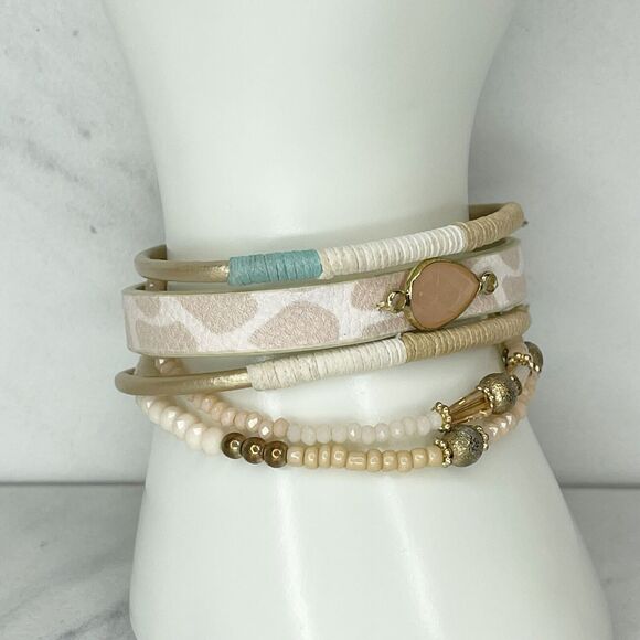 Boho Beaded Faux Leather Strappy Magnetic Close Bracelet - Picture 1 of 8